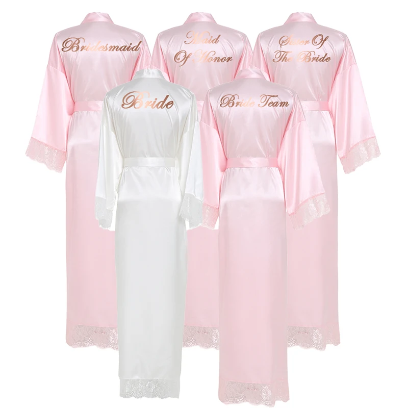 Silk Satin Robe Bridesmaid Robes Lace Robe Long Sleeve Bridal Wedding Robe Sleepwear Bathrobe Long Gowns for Women Pink