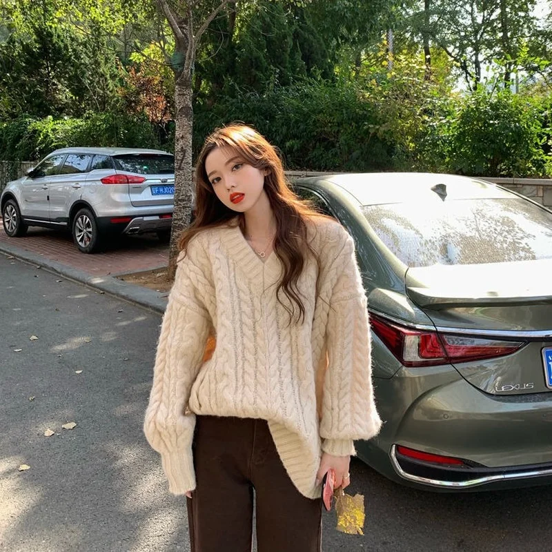

Pullovers Women Warm V-neck Korean Style Chic Loose All-match Harajuku Kawaii Autumn Leisure Solid Sweet Elegant Ins Sweaters