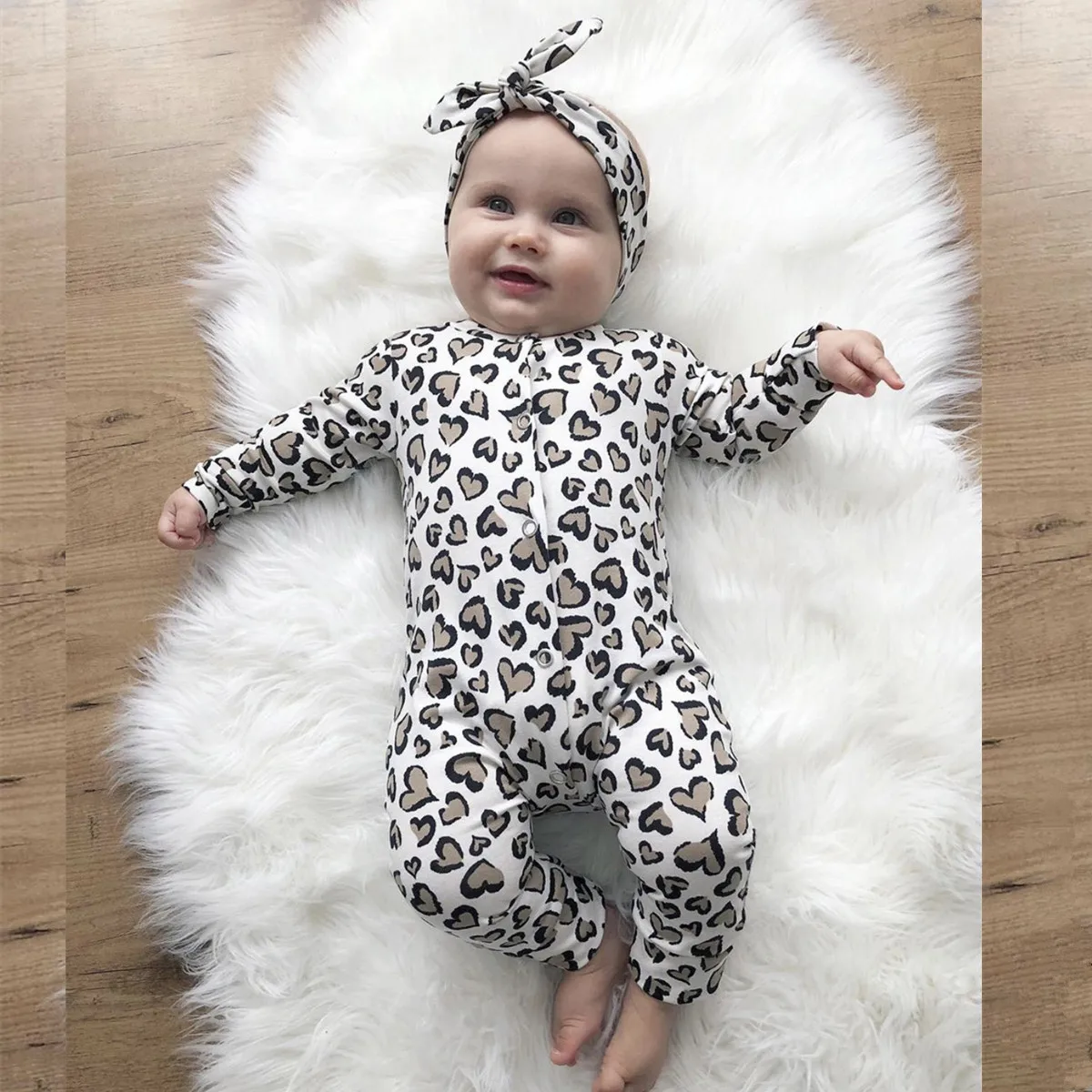 

2Pcs Newborn Baby Girls Clothes Set Cotton Hearts Print Infant Long Sleeve Jumpsuit+Headband Toddler Girls Clothing
