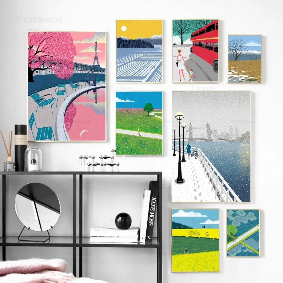 

Japanese Landscape Poster Snow Farmland Tree Flower Ship Bus Park Canvas Painting Nordic Wall Art Pictures for Living Room Decor