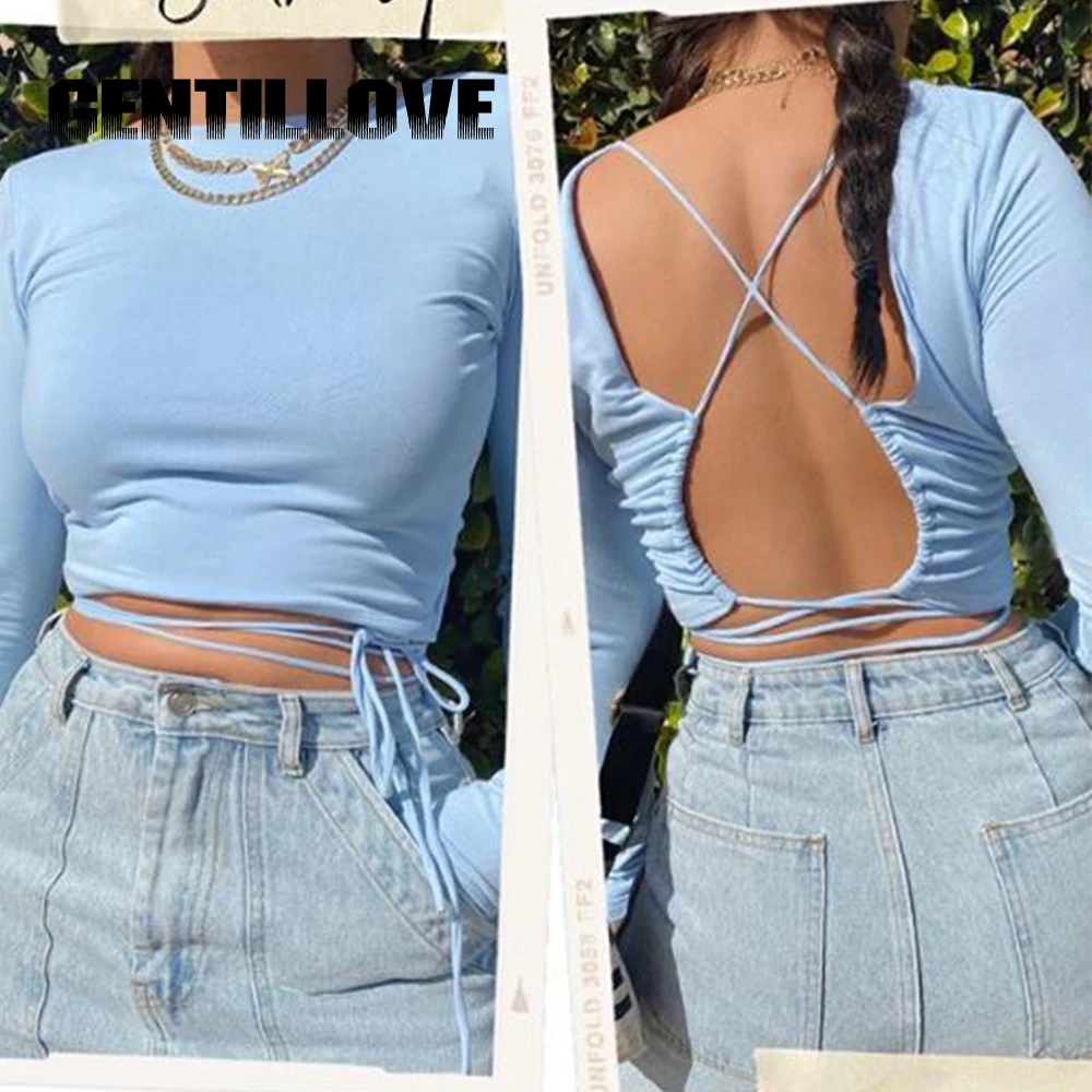 

Fashion O-Neck Women Blouse Shirt Female Elegant 2021 Summer Sexy Bandage Crop Solid Color Backless Lace-Up Girls T-Shirt