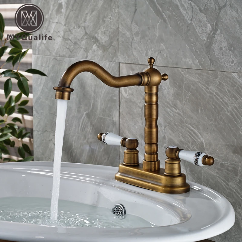 Античный латунный настил ванная с двойной ручкой кран туалетный сосуд раковины