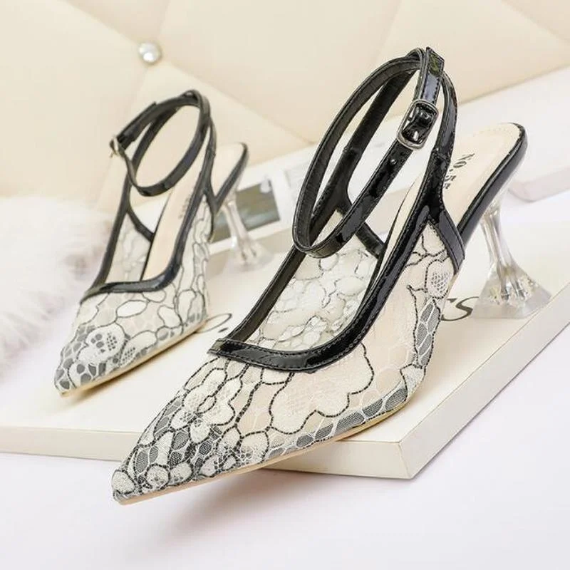 Туфли лодочки женские на шпильке заостренный носок кружево высокий каблук