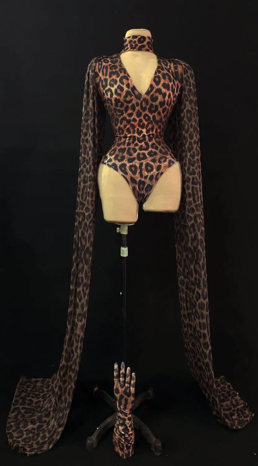Fashion Leopard Shawl Bodysuit DJ Women Singer Concert Performance Stage Wear Sexy Nightclub Bar Dancer Show Leotard Costume