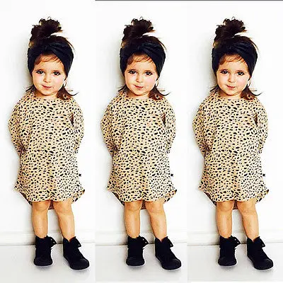 

Baby Kids Girls Clothing Casual Party Seven Sleeves Leopard Cotton Dress