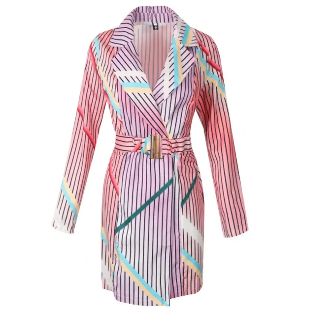 

Trendy Blazer Dress Elegant All-match V Neck Long Sleeve Colorful Vertical Stripes Slim Blazer Dress w/Belt Mini Shirt Dresses