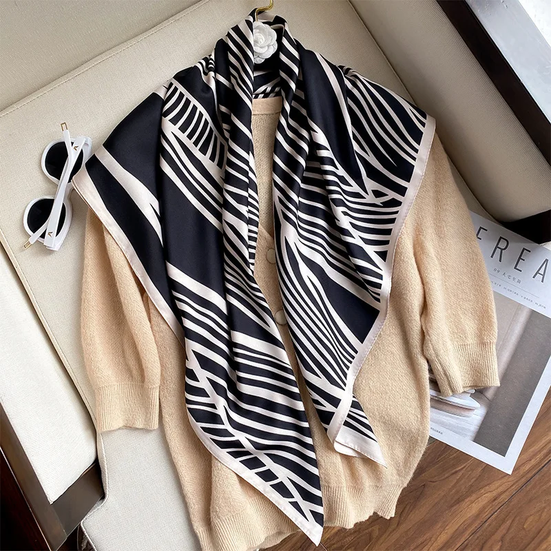 

2021 Spring and Autumn New Korean Stripe Fashion Large Square Scarf Women's Silk Scarf Dual Purpose Silk Shawl Scarf Hair Band