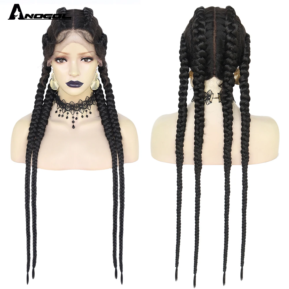 ANOGOL-Peluca de cabello sintético para mujer, cabellera sintética de 36 pulgadas, color negro plateado, con malla frontal trenzada de 4 cajas largas, venta al por mayor