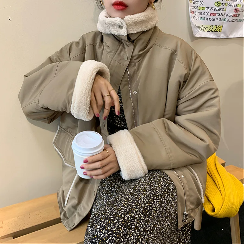 Вертикальный стоячий воротник шерсть ягненка плюс бархат мотоциклетная Женская