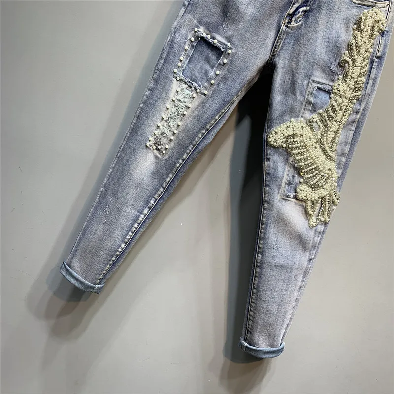 

European Style Heavy Light Color Denim Outfit Fashion Personality Beaded Ripped Denim Jacket + Harem Jeans Streetwear 2pcs Set