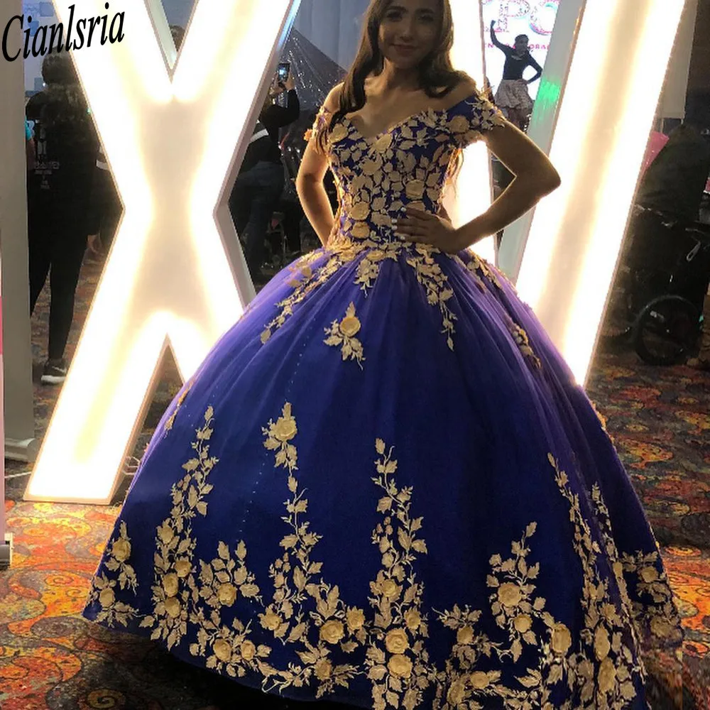 

2021 бальное платье, платья для Quinceanera, золотистое кружевное платье с аппликацией и открытыми плечами, голубое вечернее милое платье для выпус...