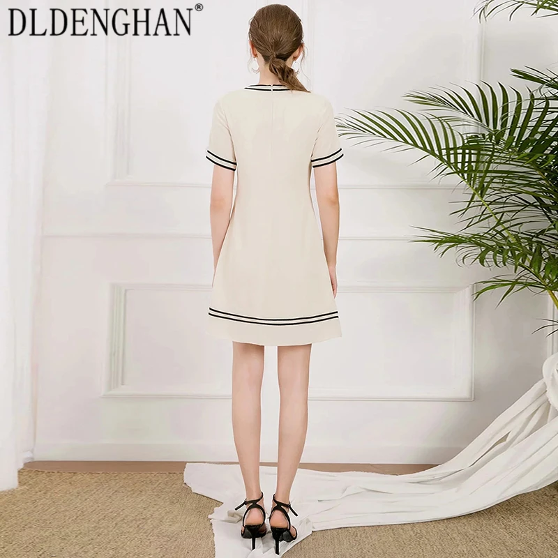 

DLDENGHAN Fashion Designer High Street Stripe Patchwork Dress For Women O-Neck Short Sleeve Sequined Mini Dresses Summer New