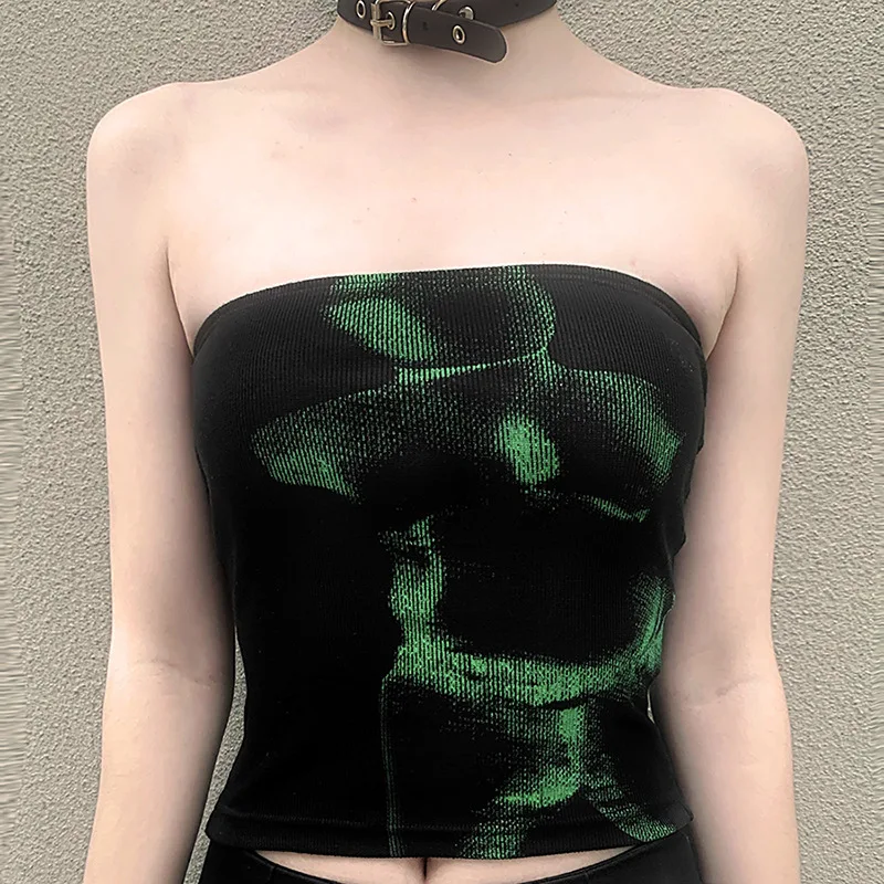 Фото Кроп-топ Techwear женский в стиле панк готический облегающий Топ без бретелек с