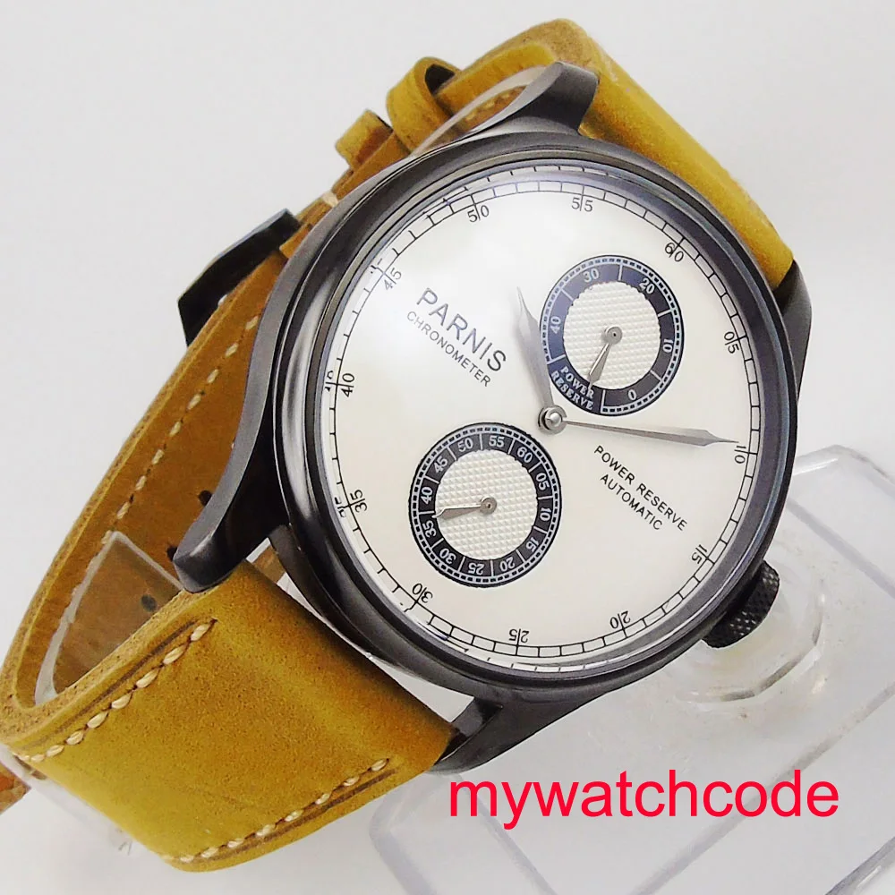 43 мм Parnis белый циферблат желтый кожаный ремешок индикатор запаса мощности ST2842