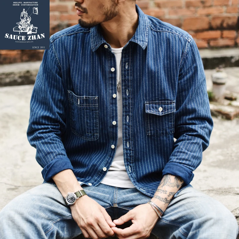 SauceZhan рубашка с принтом джинсовая краем в горошек мужские рубашки длинным