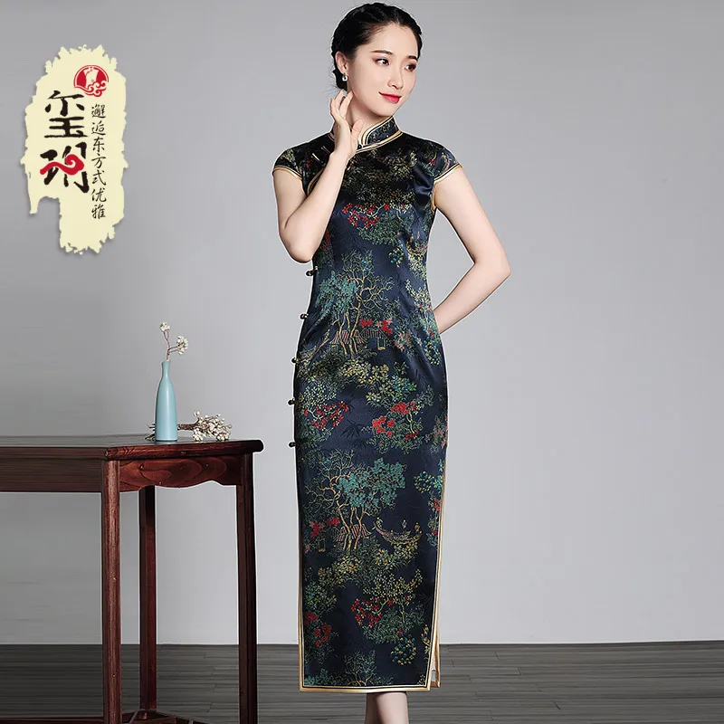

New mid length cheongsam in spring and summer improves daily silk, silk and satin, slim and elegant Chinese Dress Lady