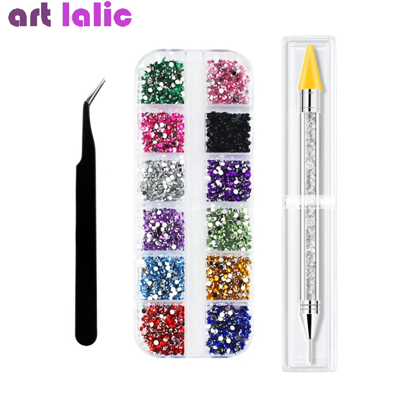 

3Pcs Nail Art Set 2mm Rhinestones Decoration Tweezer Dual-ended Nail Wax Dotting Pen for Sticker Glitter Tools Kit
