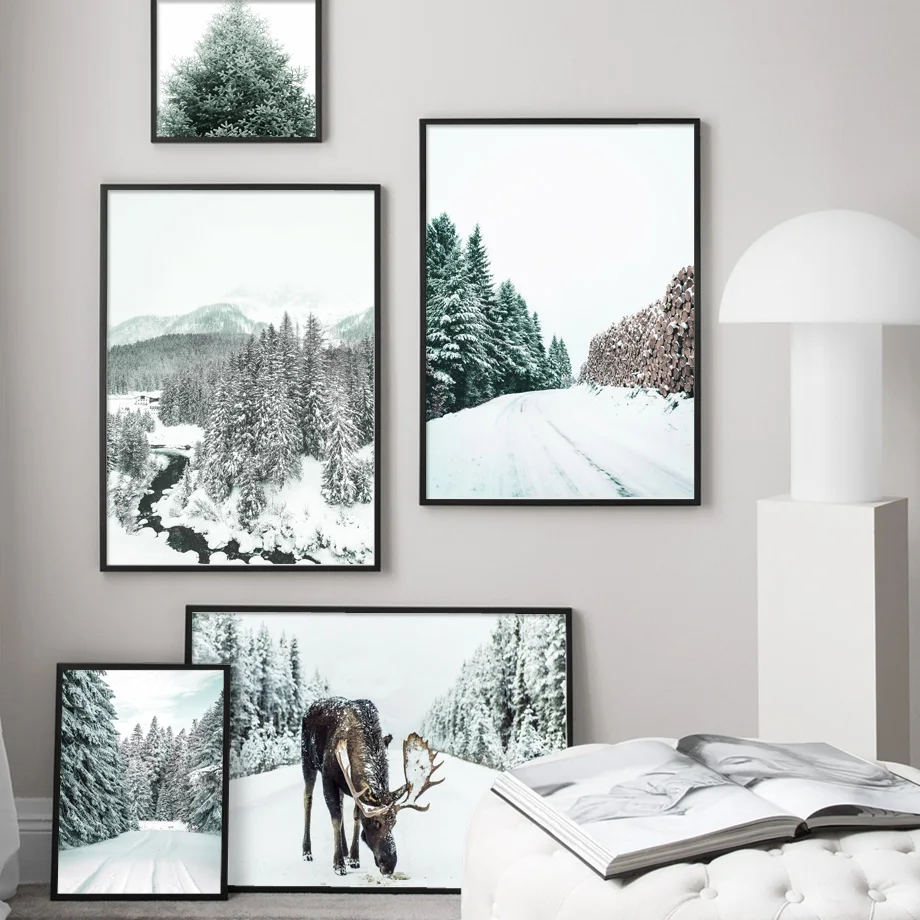 Зимний пейзаж снежные сосновые дома настенная живопись на холсте скандинавские