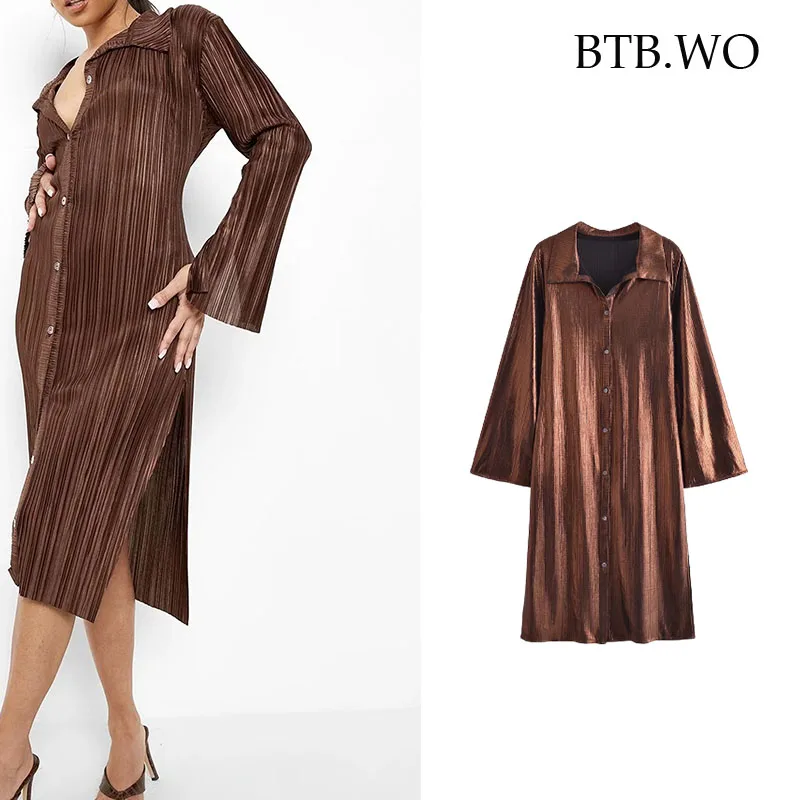 

BTB.WO Za 2021 Pleated Button-up Midi Dress Women New Long Sleeve Elegant Party Dresses Woman Autumn Hem Split Dress Vestidos