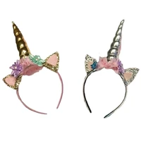 magical unicorn horn head party kid hair headband fancy dress cosplay decorative cosplay cartoon 3d flowers unicorn pearl patchw