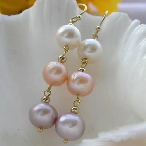 

New Arrival Favorite Pearl Jewelry 9-10mm White Pink Lavender Round Genuine Freshwater Pearl 14k/20 GP Dangle Earrings Lady Gift
