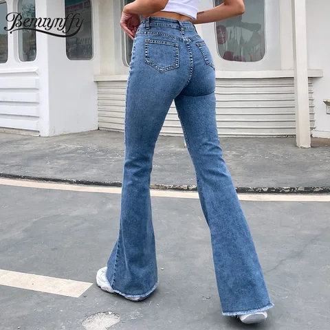 Benuynffy Button Fly Women's Raw Hem Flare Jeans Autumn Fashion Woman Denim Pants Jean Femme High Waist Full Length Slim Jeans