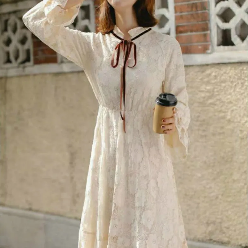 

Elegant Dress Women Sweet Lace Fairy Dress Female Bow Solid Long Sleeve Midi Party Dress Fashion Korean Clothing Spring 2021