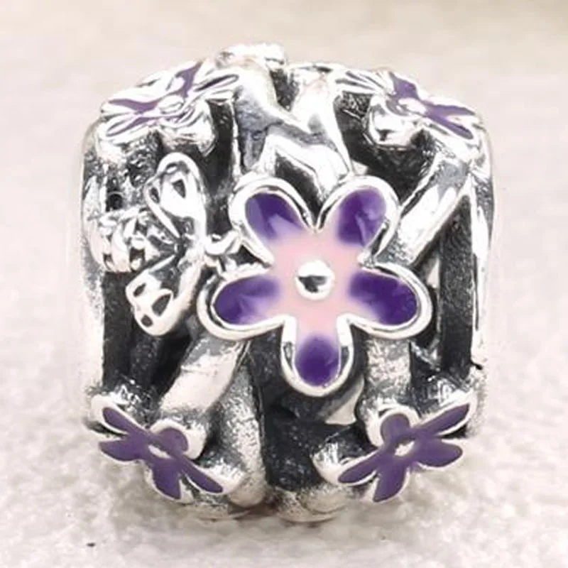 

New 925 Sterling Silver Charm Openwork Purple Daisy Flower Garden Bead Fit Original Bracelet Necklace DIY Jewelry