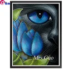5D алмазная живопись сделай сам, черная кошка за синими тюльпанами, полноразмернаякруглая Алмазная вышивка ручной работы, мозаика для вышивки крестиком