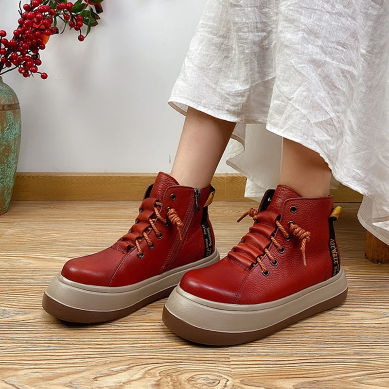 

Birkuir Genuine Leather Women Platform Boots Big Head Round Toe Ankle Boots Lace Up Short Boots Female Footwear Ladies Boots