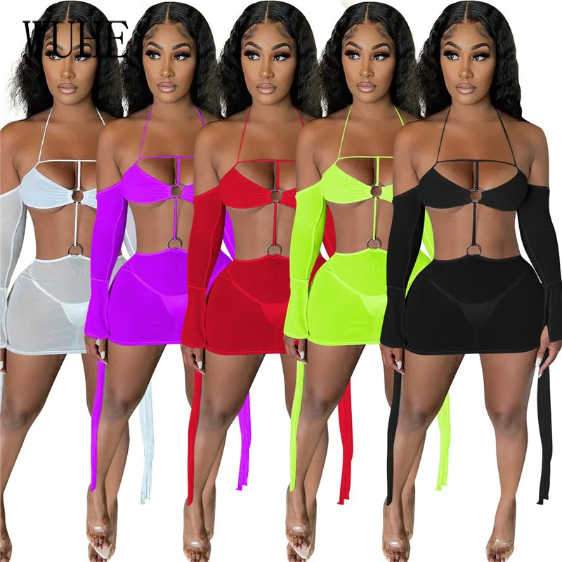 

Летнее женское мини-платье WUHE с лямкой на шее, сексуальные сетчатые прозрачные повседневные платья с длинным рукавом и открытыми плечами дл...