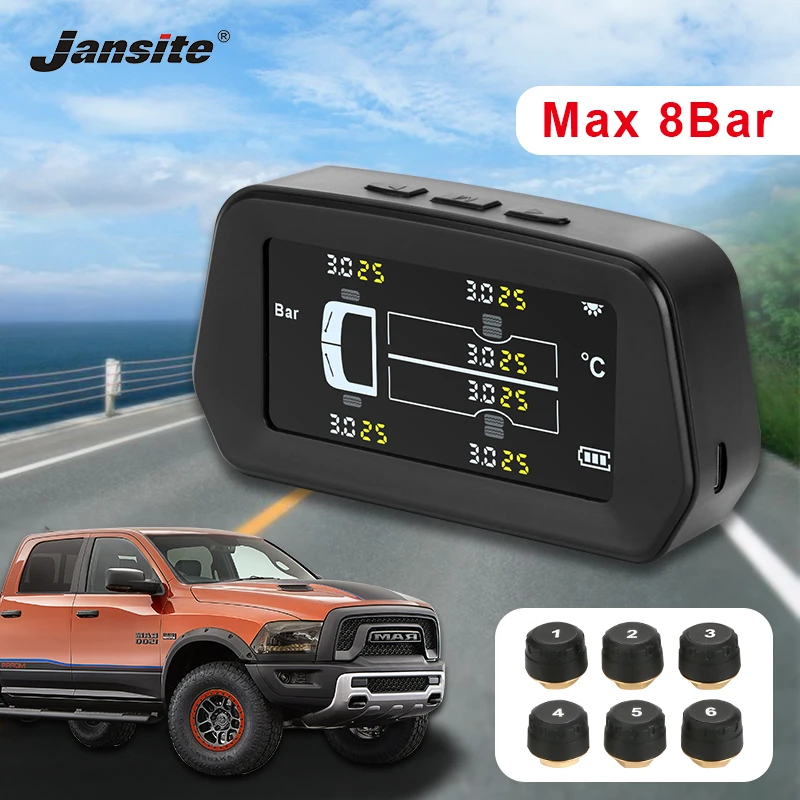Jansite Truck TPMS Alarm Tire Pressure Sensor Monitoring System Car Tyre Pressur Solar Power Auto Security 6 sensors for RV Bus |