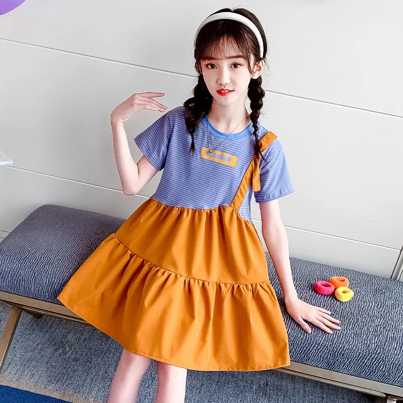 

Хлопковое платье-юбка для девочек, летнее платье, новинка, детская юбка для девочек, юбка в полоску для иностранной принцессы в Корейском ст...