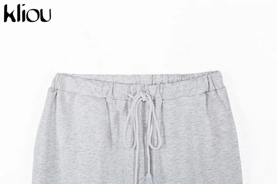 Kliou women's pants casual streetwear elastic waist drawstring cotton cargo pants autumn joggers pockets fashion trousers