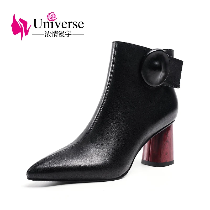 

Universe J231 Elegant Genuine Leather Ladies Winter Boots High Heels 7cm Pointed Toe Square Heels Ladies Boots