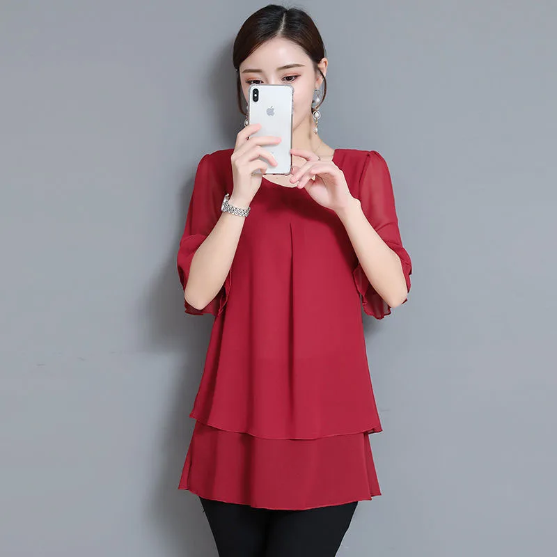 Женская шифоновая блузка многослойная длинная летняя с круглым вырезом и