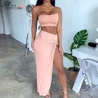 holateenyang women one shoulder crop top twist asymmetrical skirt high split ruch skirt female sets club party outfits 2020
