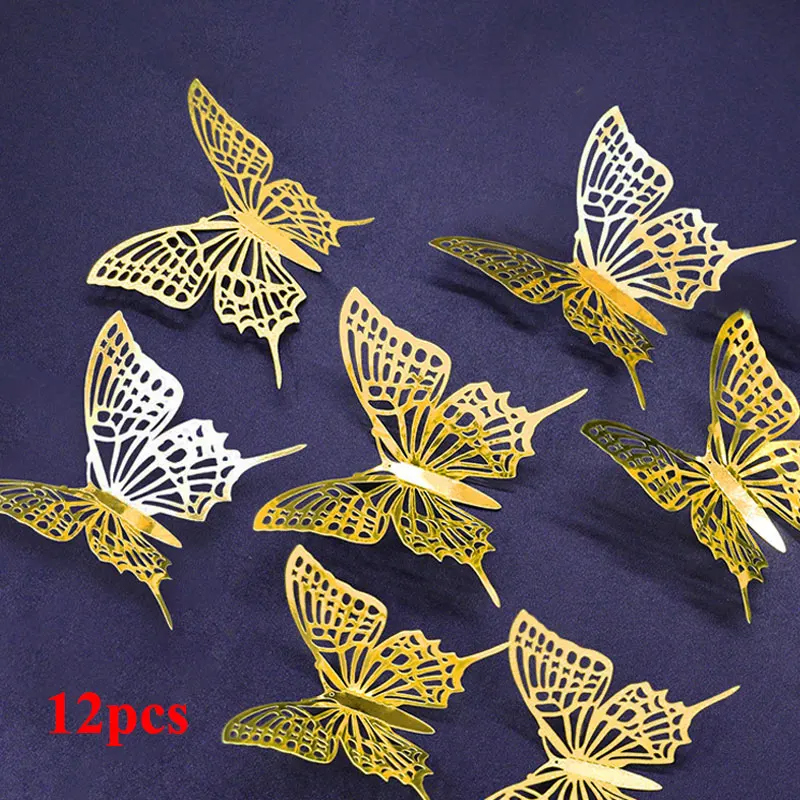 

3D Champagne Gold Swallowtail Metallic Hollow Butterfly Wall Decals Removable Sticker Living Room School Table Cake Decorations