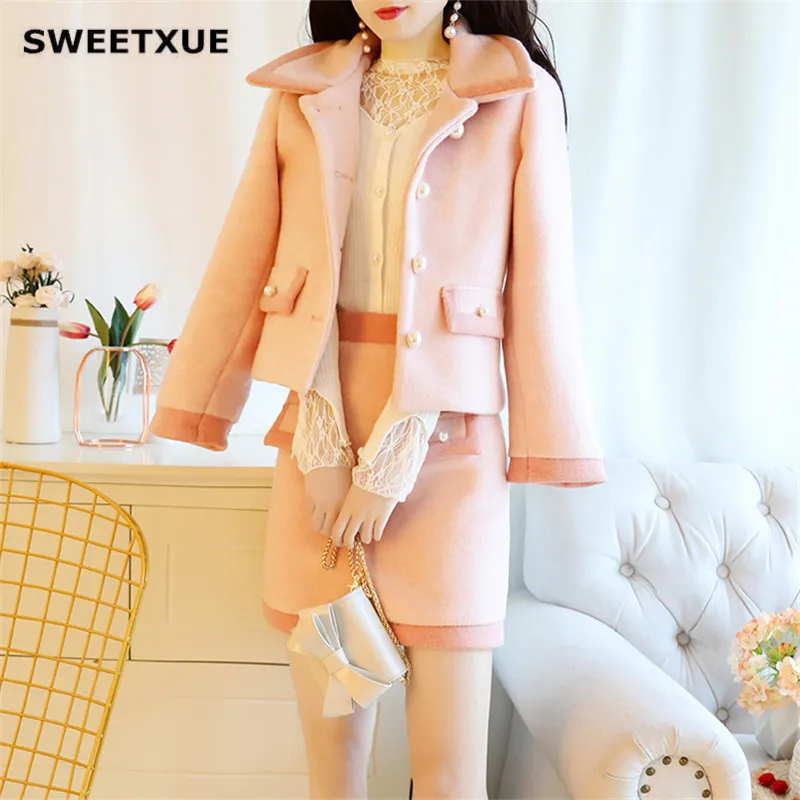 SWEETXUE осень и зима мода шерстяной комплект из 2 предметов жемчужная Пряжка