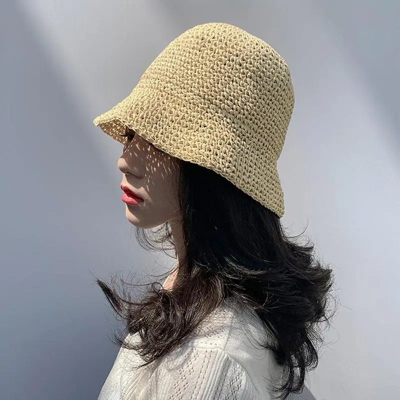 

Summer New Women Sun Hats Bucket Caps Breathable Soft Straw Weave Hats Outdoor Foldable Beach Sun Protection Visor Caps