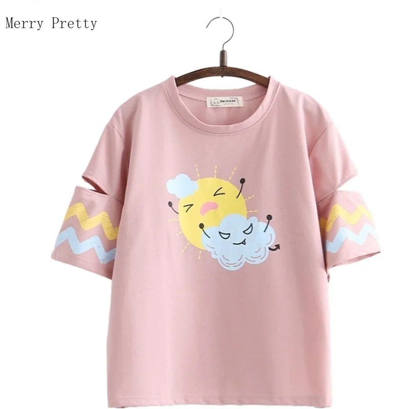 

Cartoon Print Split Sleeve Cotton T Shirts For Women Round Neck Harakuju T Shirt 2020 Sweet Style Summer Tops Tees