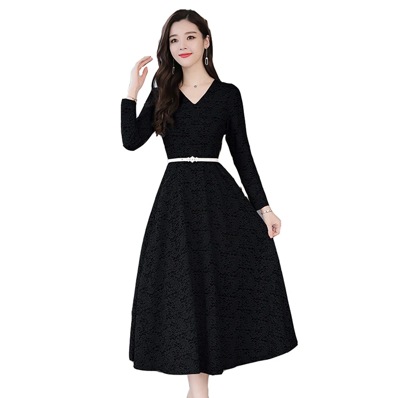 

Lace bottoming shirt dress female 2020 autumn new plus size women's fashion waist was thin and thin belly elegant dresses Women