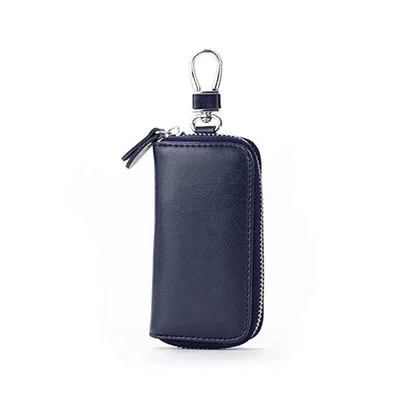 dark blue Мужские кошельки из натуральной кожи для ключей, короткий квадратный держатель для карт из воловьей кожи на молнии, многофункциональный автомобильный брелок, ключница, органайзер для ключей - Цвет: dark blue