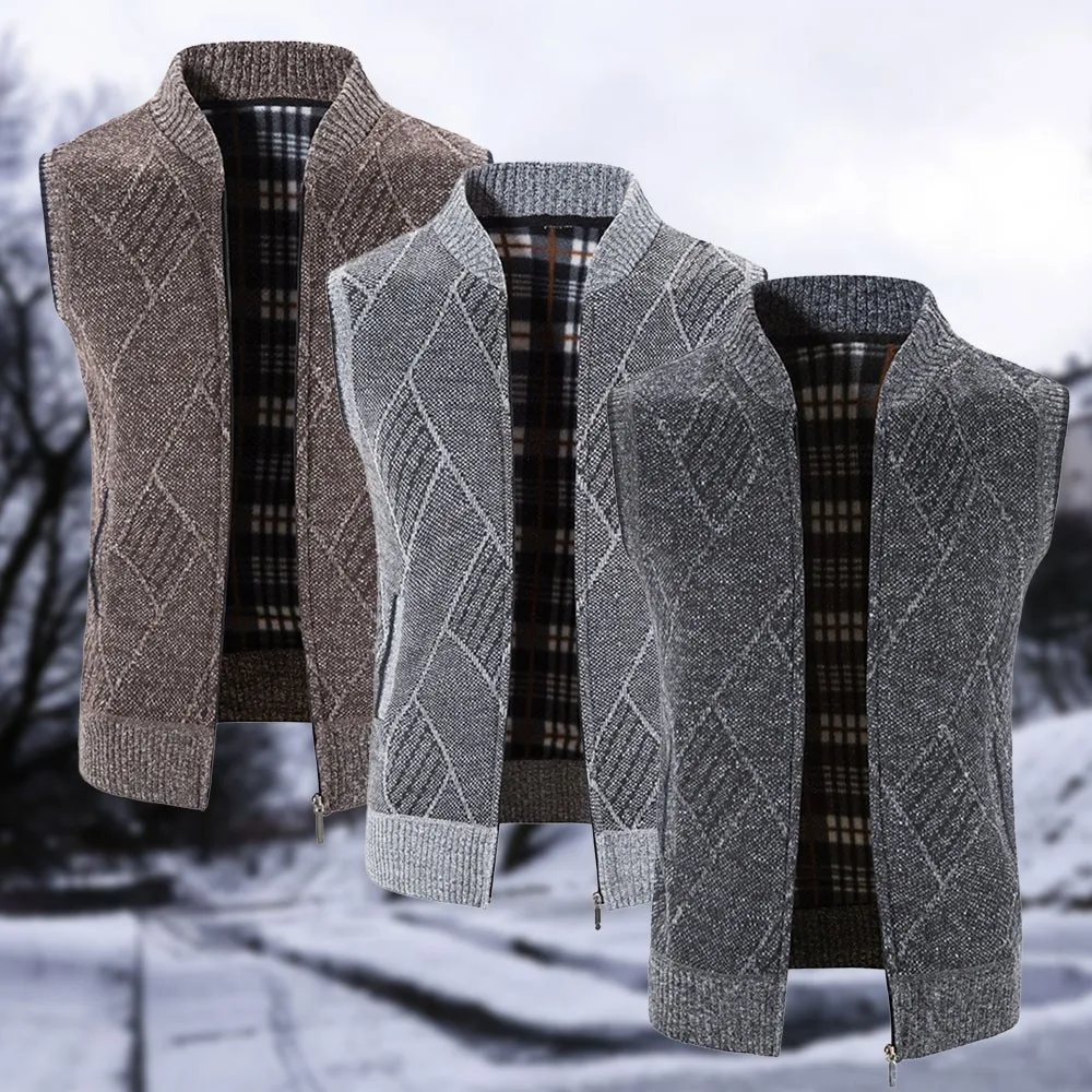 

Oversize Winter Mature Man Sleeveless Warm Thermal Zip Coat Cardigan Classic Solid Up Knitwear Pockets Sweater Top
