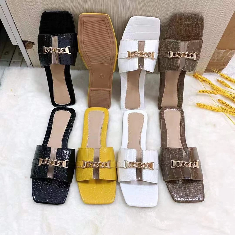 

Women Sqaure Toe Slippers Woman Casual Chain Slides Ladies Summer Beach Sandalias Ffashion Women's Shoes Female Comfort Flat