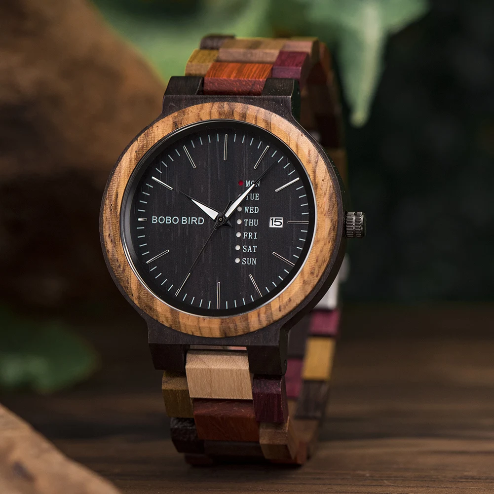 Фото Часы BOBO BIRD Wood для мужчин и женщин кварцевые часы с датой недели деревянные