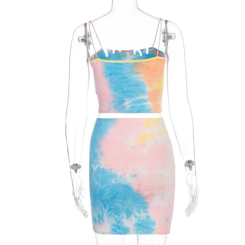 

Zoctuo Tie Dye Print Two Piece Sets Spaghetti Strap Club Two Piece Set Slash Neck Top and Skirt Set Women Two Piece