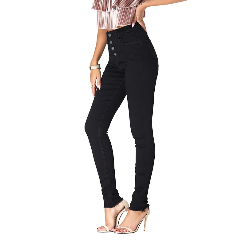 

Thin Spring Autumn Buttons High Waist Jeans Women Trousers Pockets Slim Elastic Black Denim Pants Casual Pantalones Mujer T46006