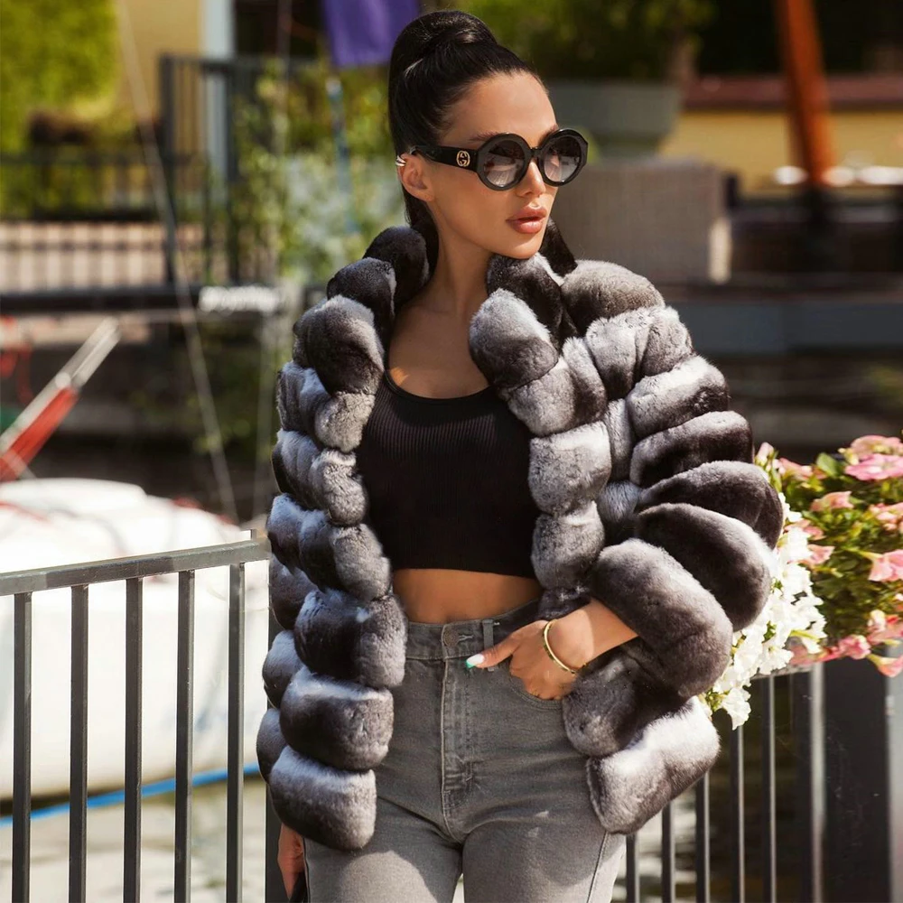 Luxury Women Real Rex Rabbit Fur Coat Stand Collar Winter Fashion Genuine Rex Rabbit Fur Jacket High Quality Thick Fur Overcoat