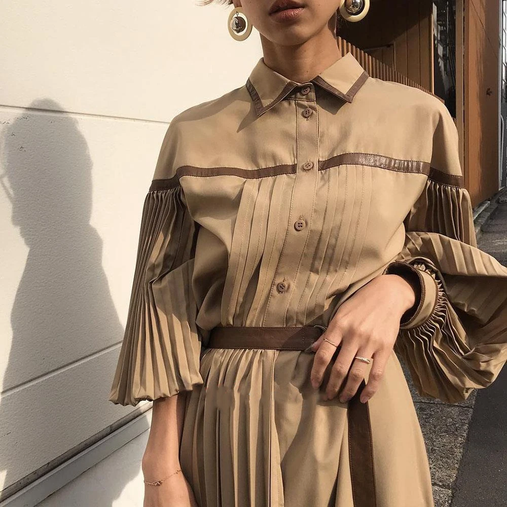

Summer Fall PU Trim Patchwork Single-breasted Long Dress With Belt Vintage Chic Lantern Sleeve Pleated Dress Women Fashion 2020
